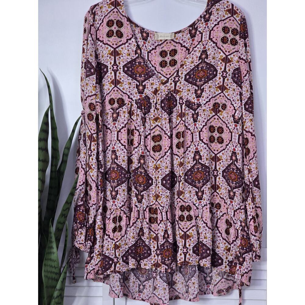 Altar'd State Pink Boho Pleated Front V-Neck Tie Long Sleeve Blouse Size Medium